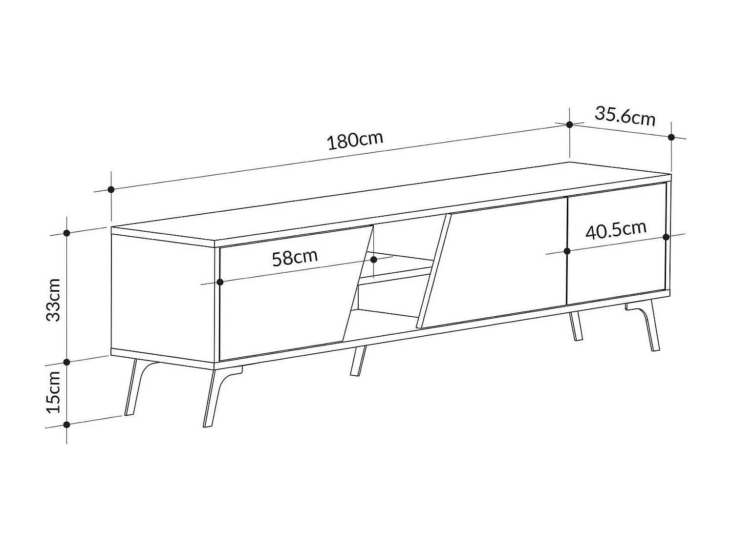 Fernsehschrank Dklamme, Ständer für Wohnzimmerfernseher, Niedriges Wohnzimmer-Sideboard, TV-Ständerbasis, 180x36 h48 cm, Eiche und Weiß