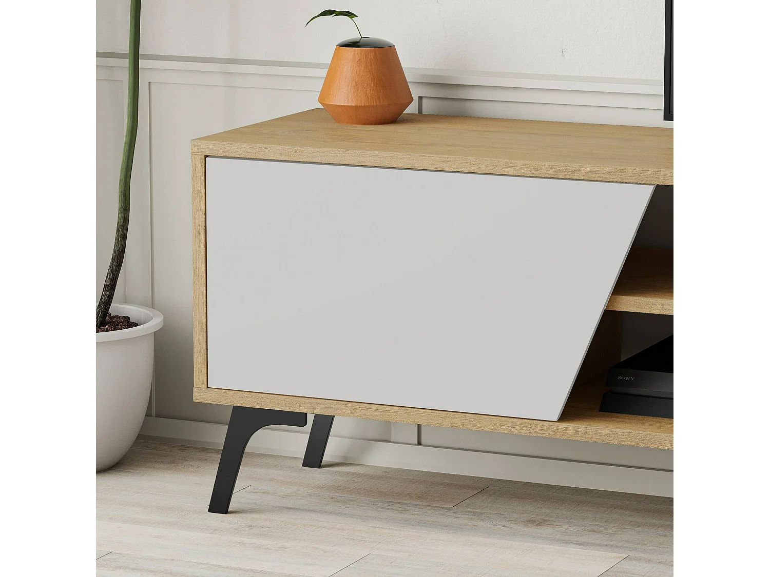 Fernsehschrank Dklamme, Ständer für Wohnzimmerfernseher, Niedriges Wohnzimmer-Sideboard, TV-Ständerbasis, 180x36 h48 cm, Eiche und Weiß