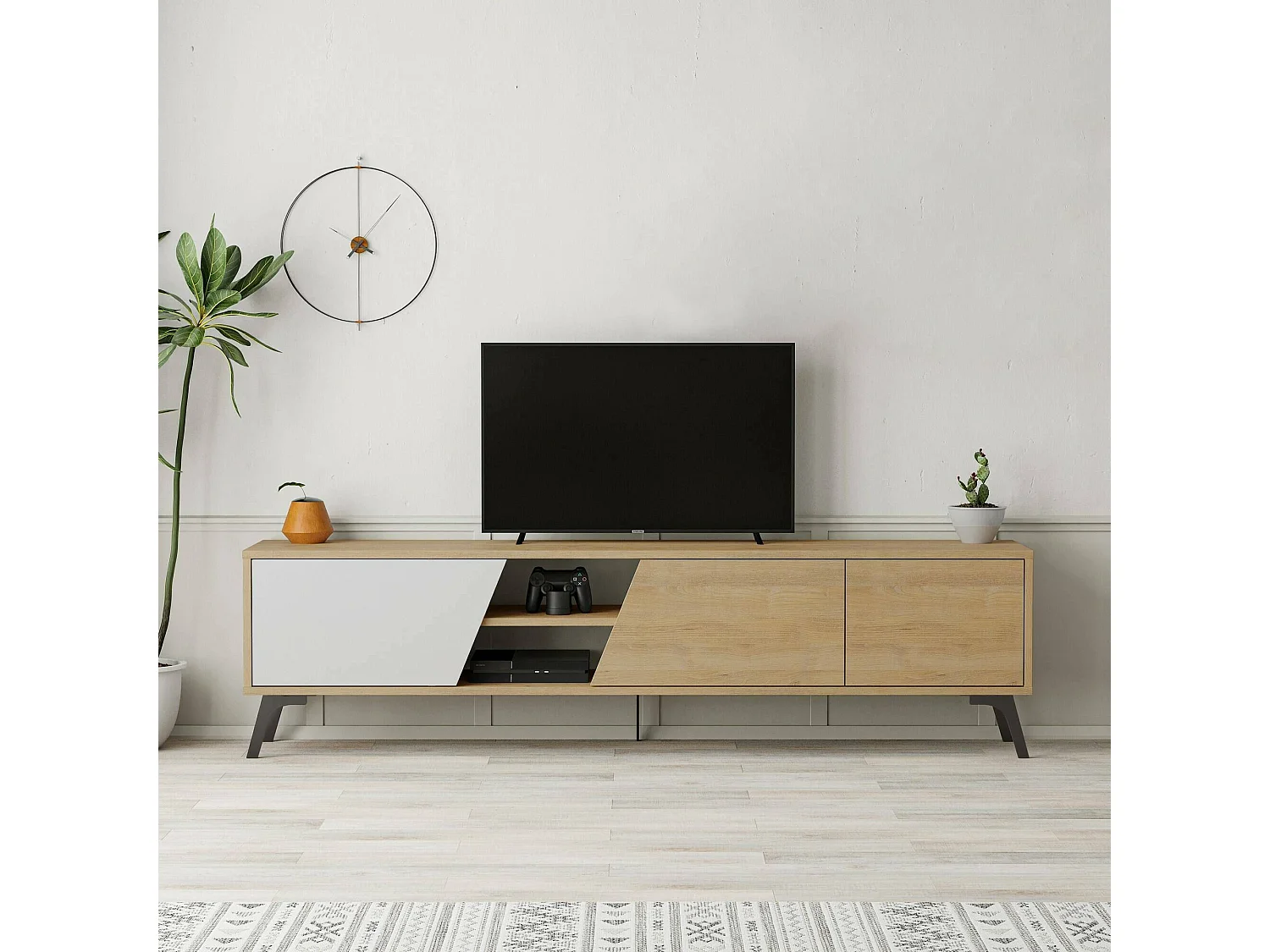 Meuble TV Dklamme, Buffet de salon, Armoire basse pour TV, Base murale de rangement, 180x36 h48 cm, Chêne et Blanc