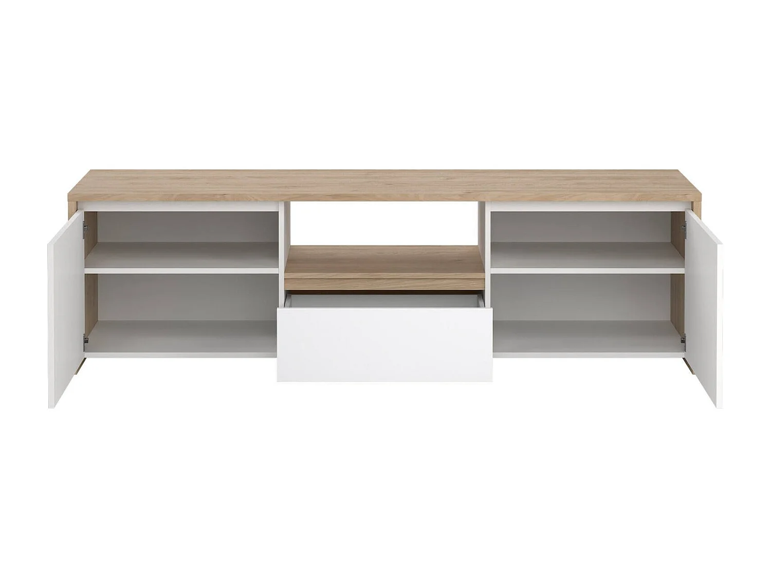 Meuble TV Dtessior, Buffet de salon, Armoire basse pour TV, Base murale de rangement, 179x48 h52 cm, Chêne clair et Blanc