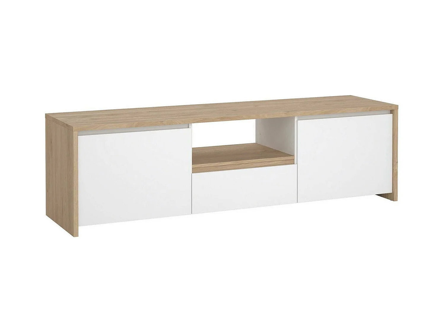 Meuble TV Dtessior, Buffet de salon, Armoire basse pour TV, Base murale de rangement, 179x48 h52 cm, Chêne clair et Blanc