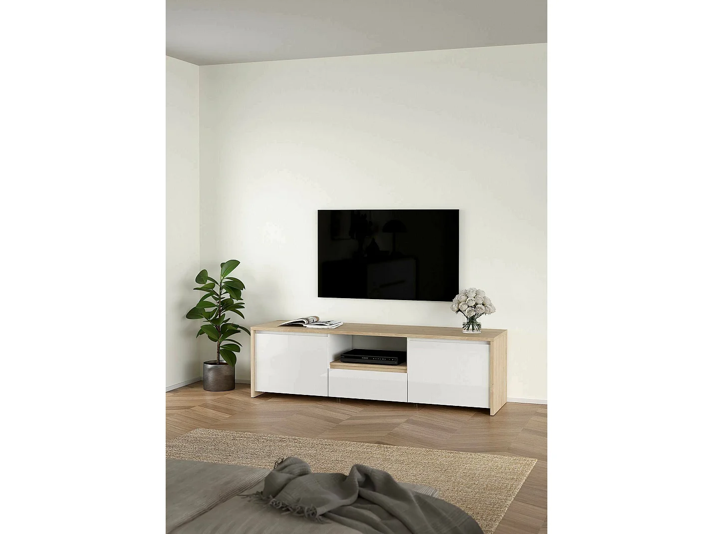 Mueble de televisión Dtessior, Aparador de salón, Mueble bajo para TV, Base de pared equipada, 179x48 h52 cm, Roble y Blanco