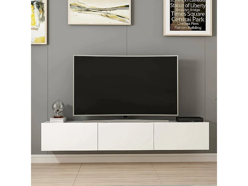 Meuble TV Dgiuseppemost, Buffet de salon, Armoire basse pour TV, Base murale de rangement, 180x32 h30 cm, Blanc