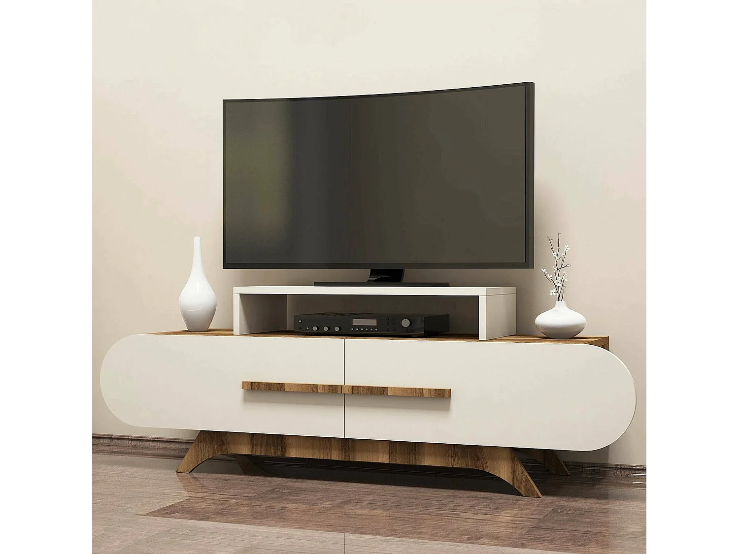 Fernsehschrank Dpittarell, Ständer für Wohnzimmerfernseher, Niedriges Wohnzimmer-Sideboard, TV-Ständerbasis, 145x37 h50 cm, Walnuss und Creme