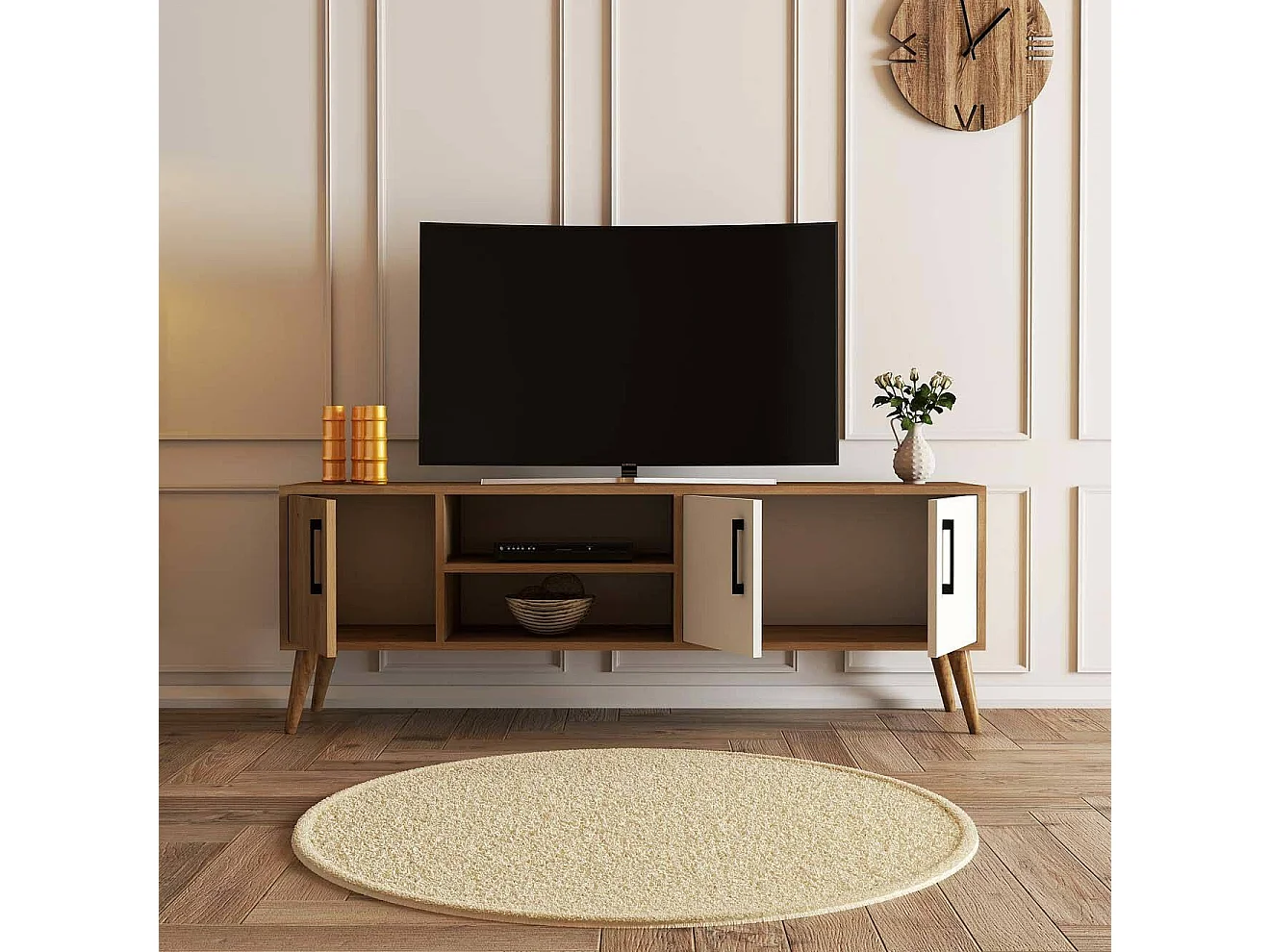 Meuble TV Dditacchi, Buffet de salon, Armoire basse pour TV, Base murale de rangement, 150x34 h52 cm, Chêne et Blanc