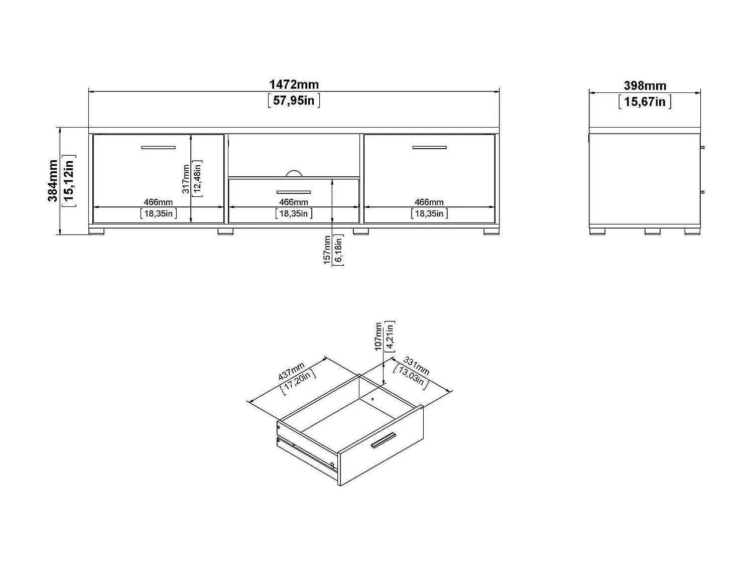 Móvel TV Dthorsb, Aparador de sala, Móvel baixo para TV, Base de parede equipada, 147x40 h38 cm, Preto