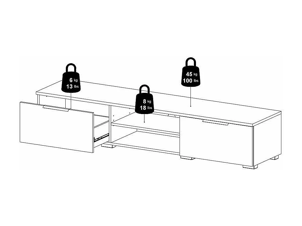 Meuble TV Dtheat, Buffet de salon, Armoire basse pour TV, Base murale de rangement, 173x40 h33 cm, Noir