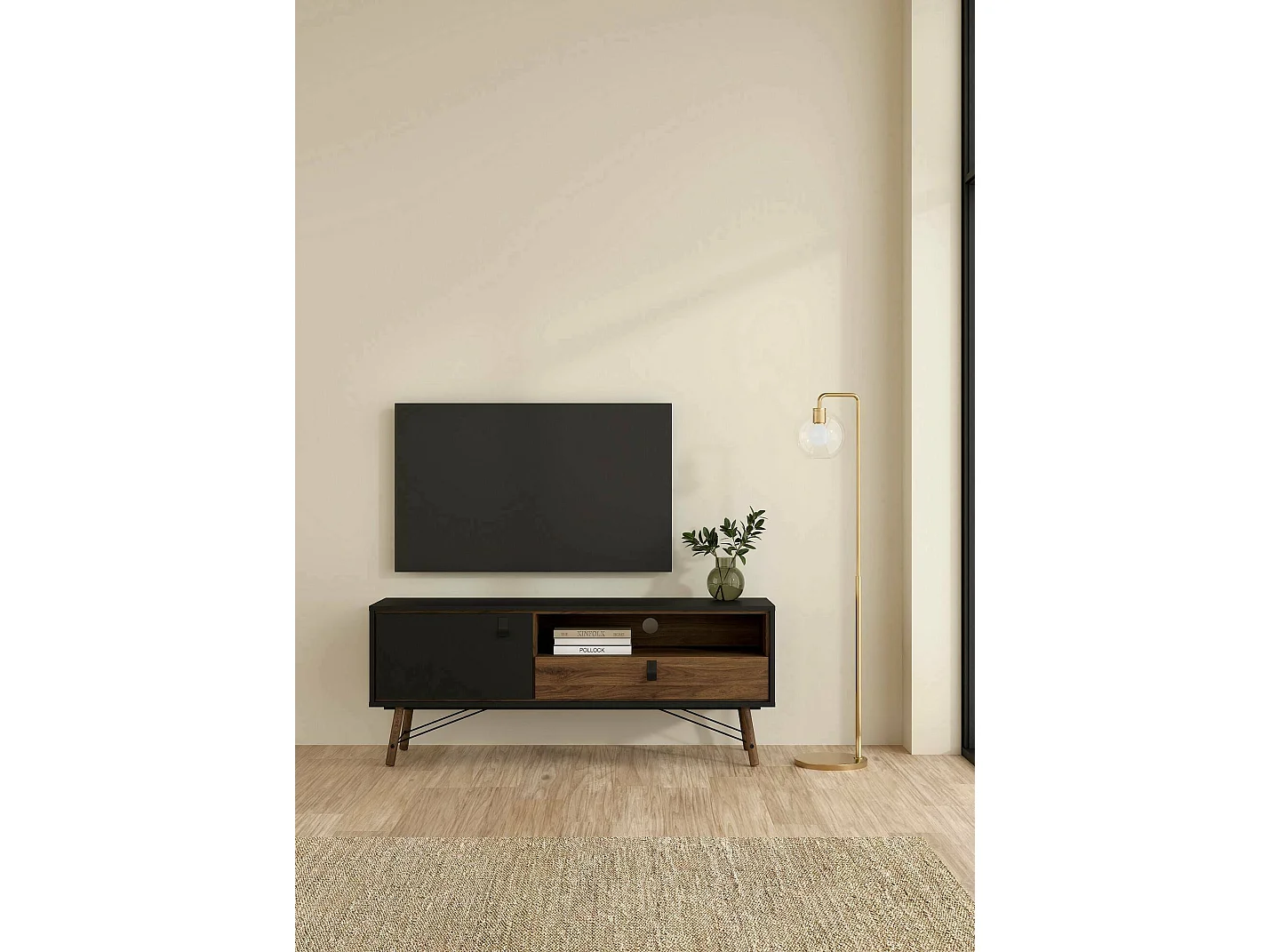 Meuble TV Dtomason, Buffet de salon, Armoire basse pour TV, Base murale de rangement, 150x40 h60 cm, Noir et Noyer