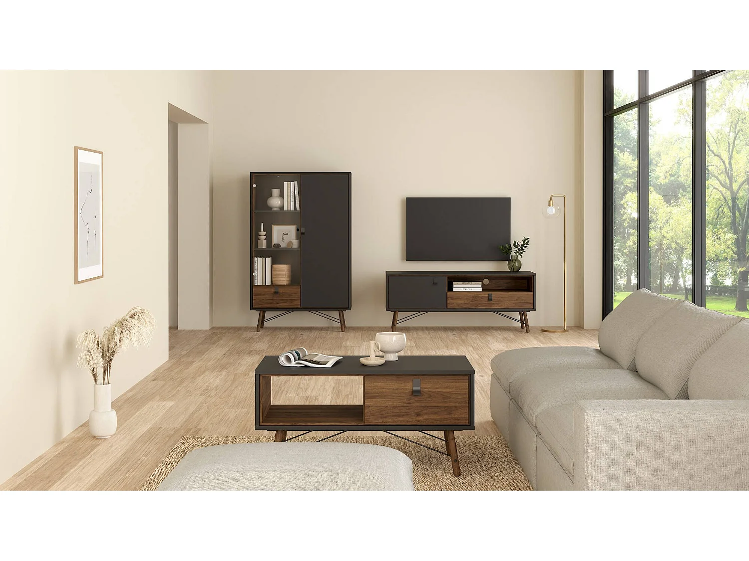 Meuble TV Dtomason, Buffet de salon, Armoire basse pour TV, Base murale de rangement, 150x40 h60 cm, Noir et Noyer