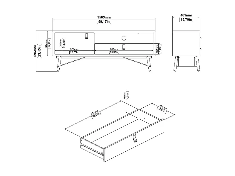 Dtomason TV-meubel, Woonkamerdressoir, Lage tv-kast, Voorzien van wandbasis, 150x40 h60 cm, Zwart en Walnoot