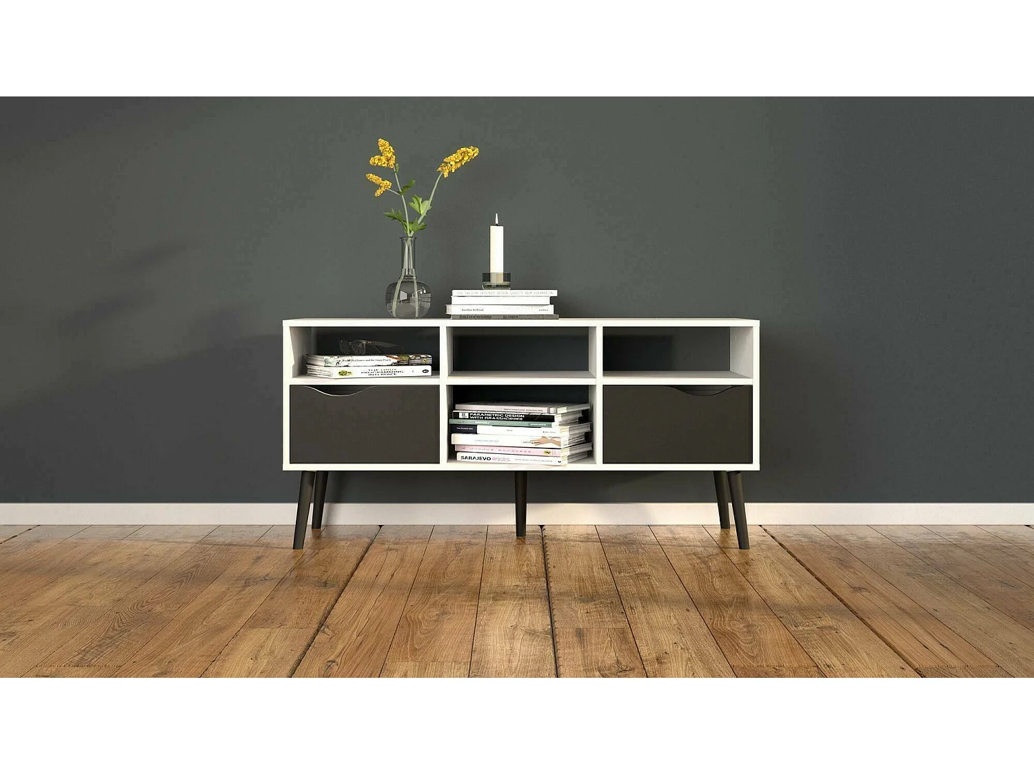 Meuble TV Dtesse, Buffet de salon, Armoire basse pour TV, Base murale de rangement, 117x39 h57 cm, Blanc et Noir