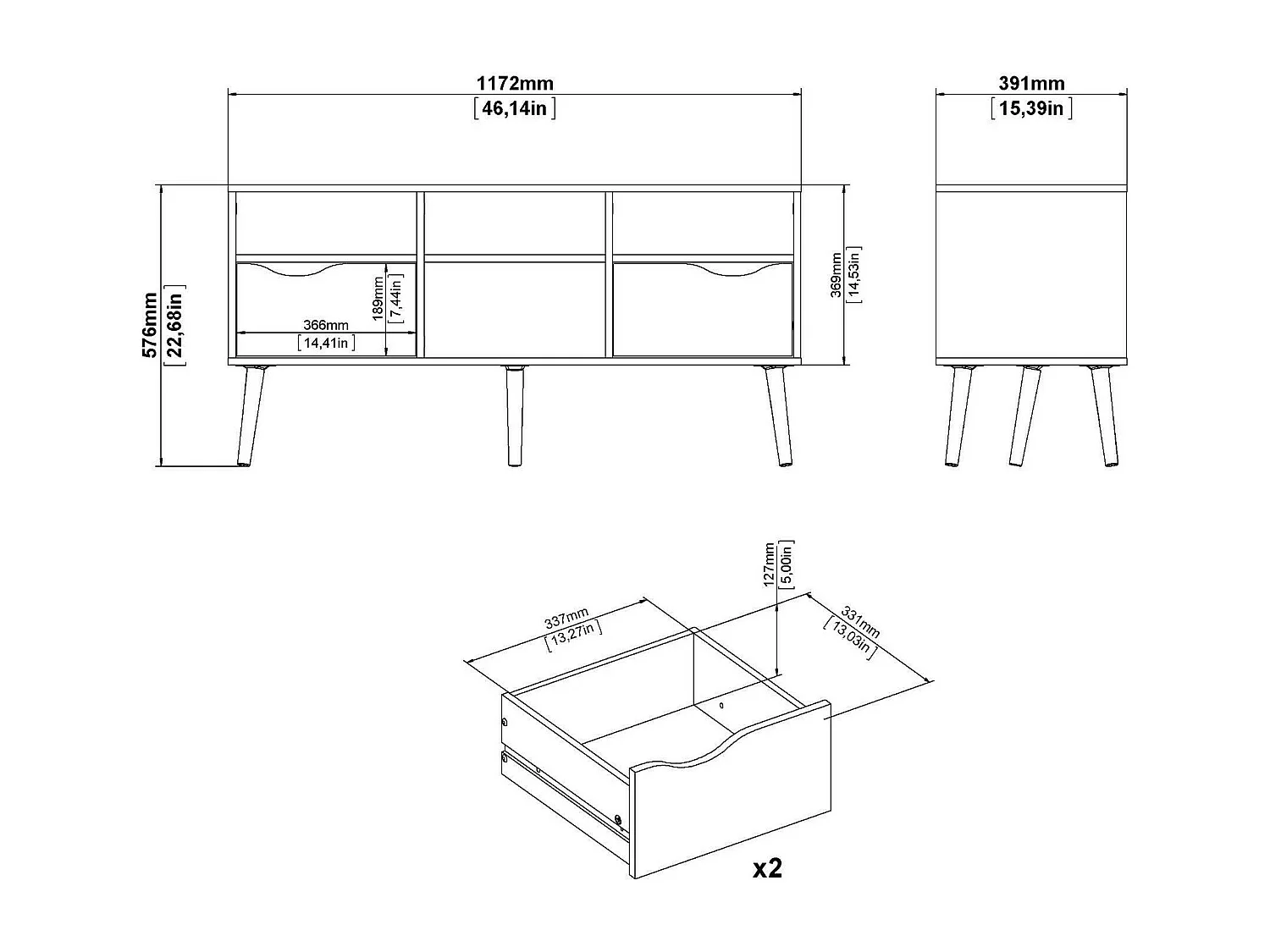 Dtesse TV-meubel, Woonkamerdressoir, Lage tv-kast, Voorzien van wandbasis, 117x39 h57 cm, Zwart en Wit