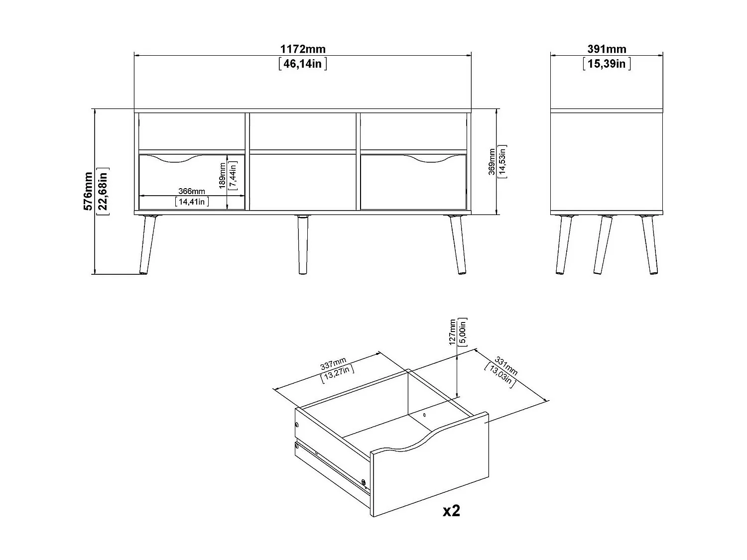 Dtesse TV-meubel, Woonkamerdressoir, Lage tv-kast, Voorzien van wandbasis, 117x39 h57 cm, Zwart en Wit