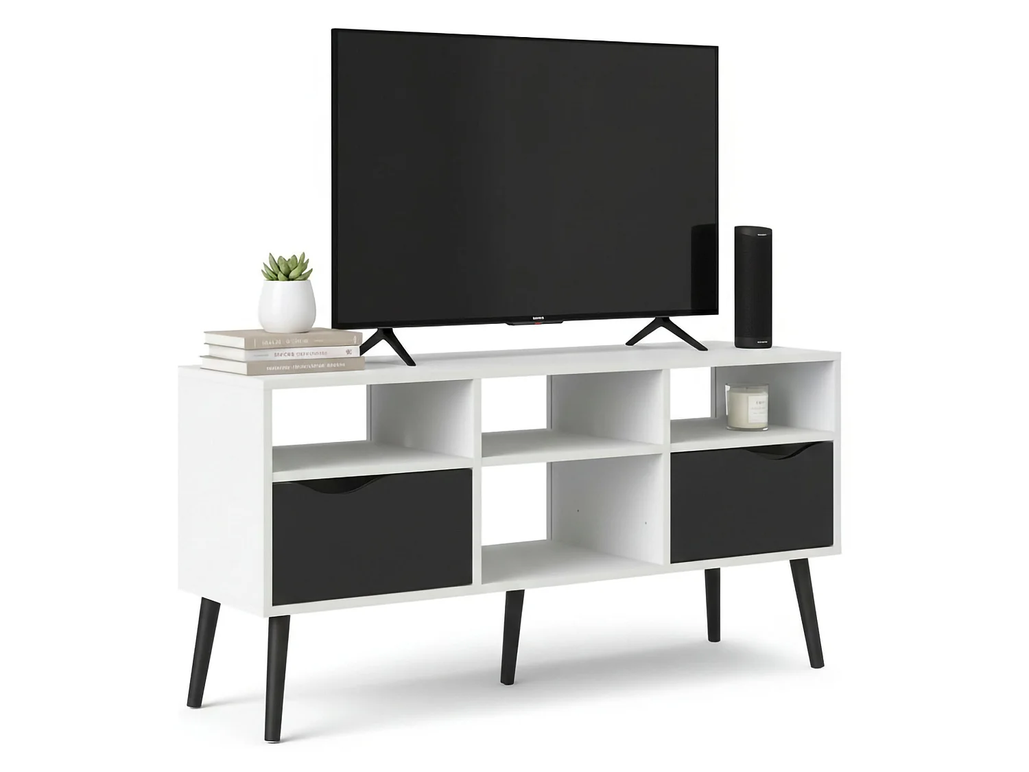 Fernsehschrank Dtesse, Ständer für Wohnzimmerfernseher, Niedriges Wohnzimmer-Sideboard, TV-Ständerbasis, 117x39 h57 cm, WeiÃŸ und Schwarz