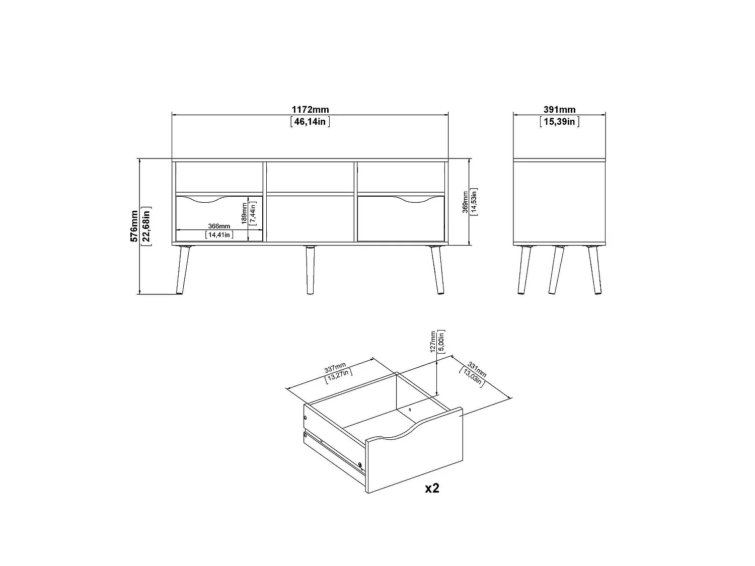 Fernsehschrank Dtesse, Ständer für Wohnzimmerfernseher, Niedriges Wohnzimmer-Sideboard, TV-Ständerbasis, 117x39 h57 cm, WeiÃŸ und Schwarz
