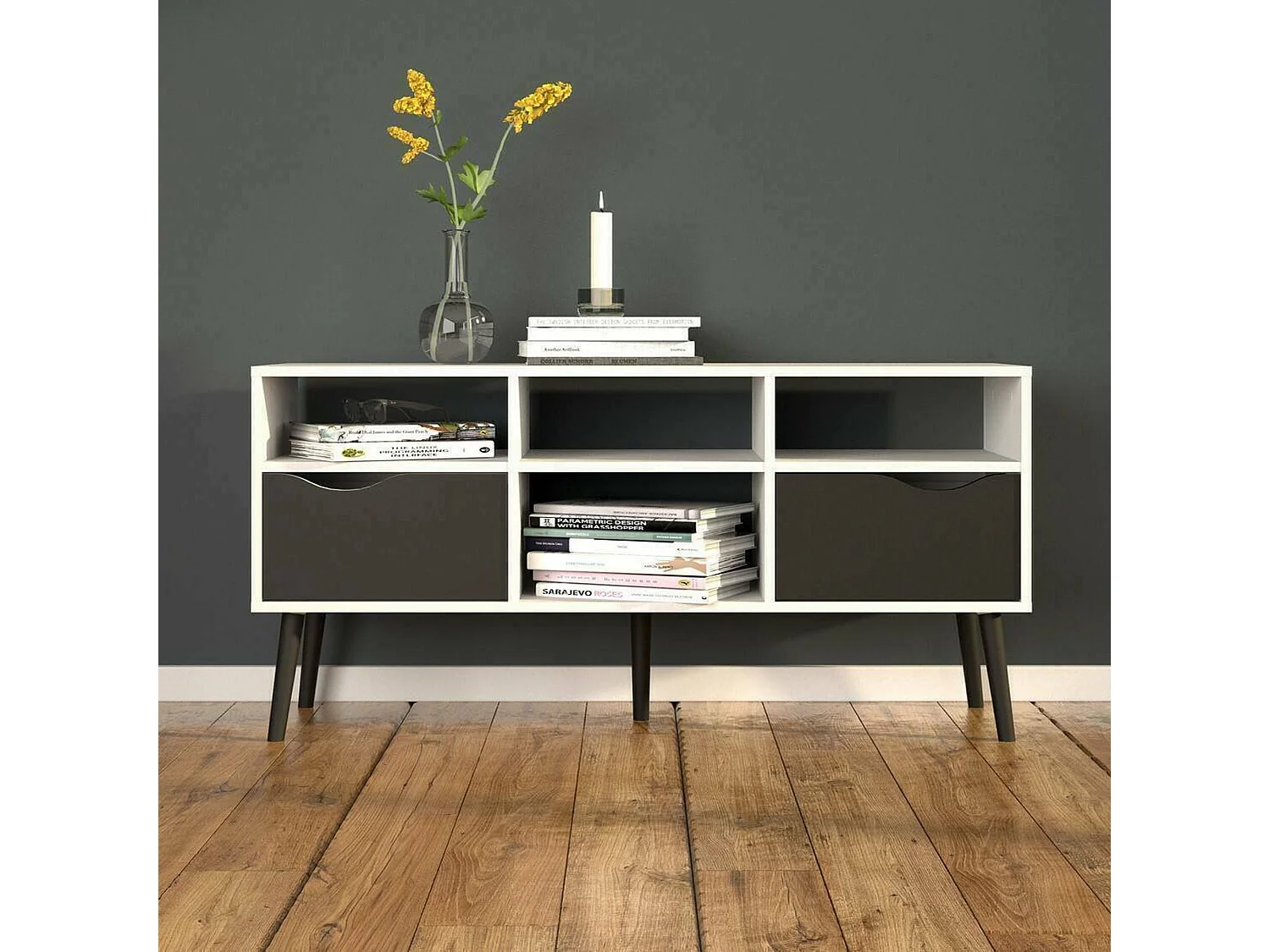 Fernsehschrank Dtesse, Ständer für Wohnzimmerfernseher, Niedriges Wohnzimmer-Sideboard, TV-Ständerbasis, 117x39 h57 cm, WeiÃŸ und Schwarz