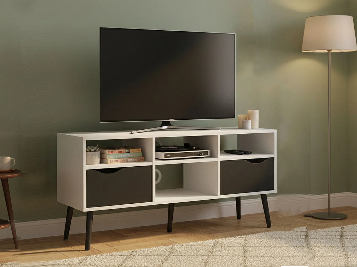 Fernsehschrank Dtesse, Ständer für Wohnzimmerfernseher, Niedriges Wohnzimmer-Sideboard, TV-Ständerbasis, 117x39 h57 cm, WeiÃŸ und Schwarz