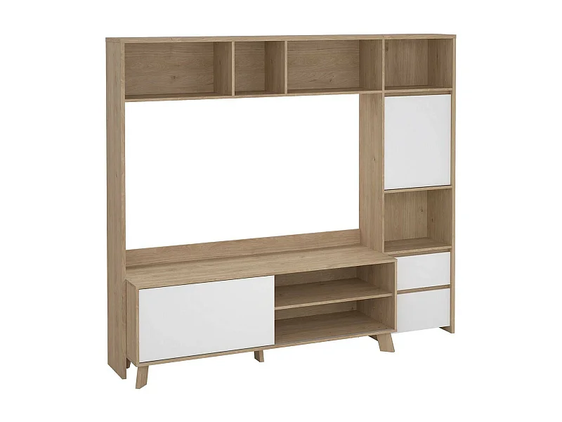 Dmora - Mobile porta TV Calabria, 209x48 h183 cm, Rovere e Bianco lucido