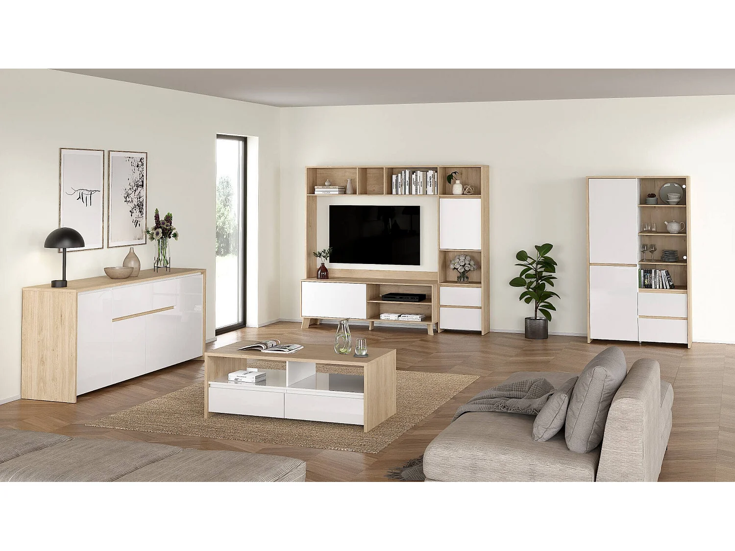 Dmora - Mobile porta TV Calabria, 209x48 h183 cm, Rovere e Bianco lucido