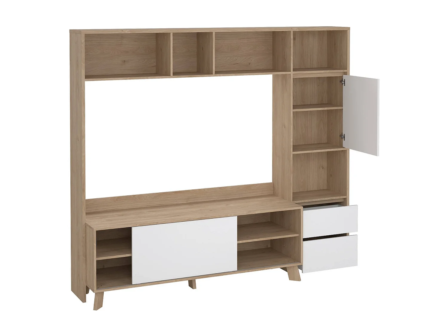 Dmora - Mobile porta TV Calabria, 209x48 h183 cm, Rovere e Bianco lucido