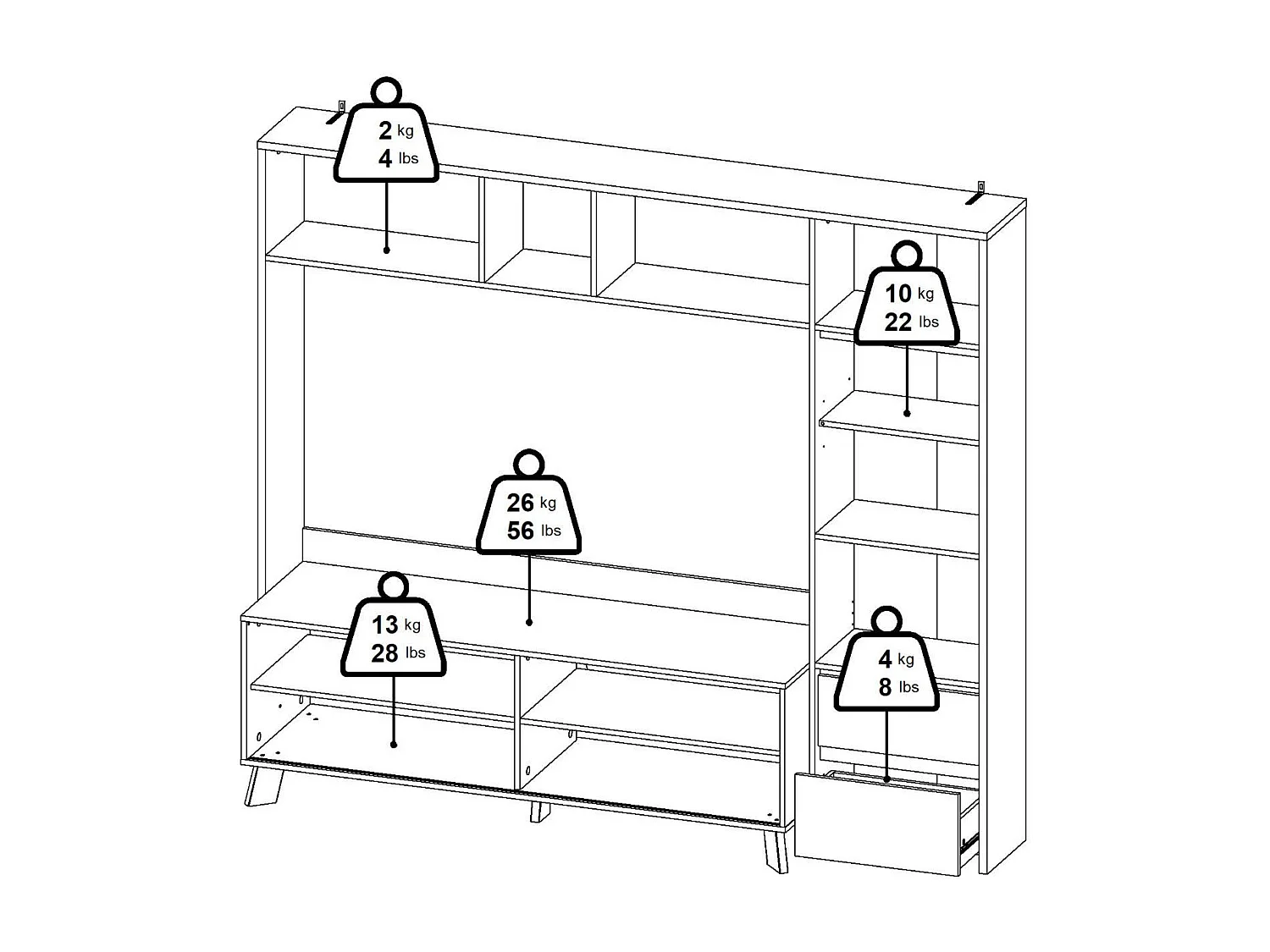 Meuble TV Dtolja, Buffet de salon, Armoire basse pour TV, Base murale de rangement, 209x48 h183 cm, Chêne clair et Blanc