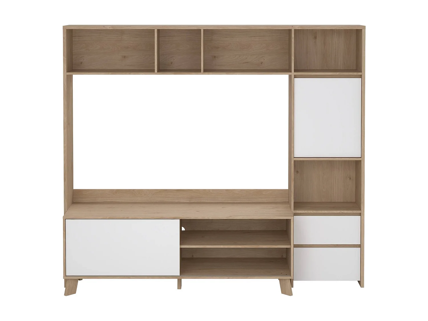 Meuble TV Dtolja, Buffet de salon, Armoire basse pour TV, Base murale de rangement, 209x48 h183 cm, Chêne clair et Blanc