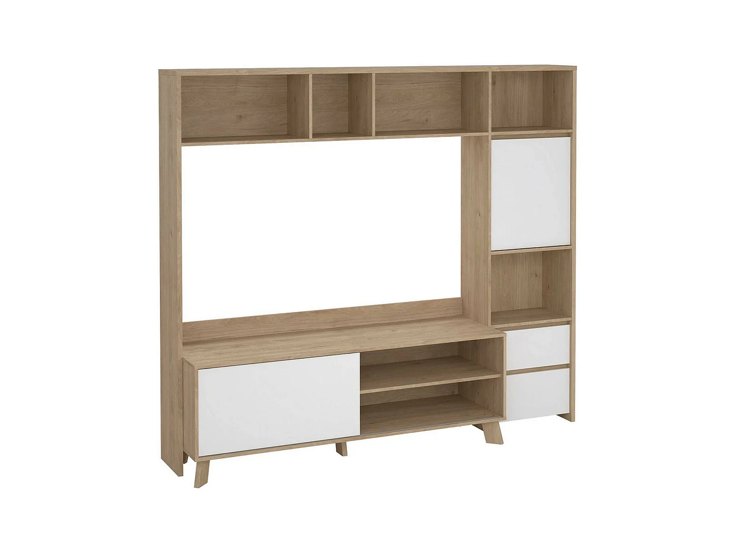 Meuble TV Dtolja, Buffet de salon, Armoire basse pour TV, Base murale de rangement, 209x48 h183 cm, Chêne clair et Blanc