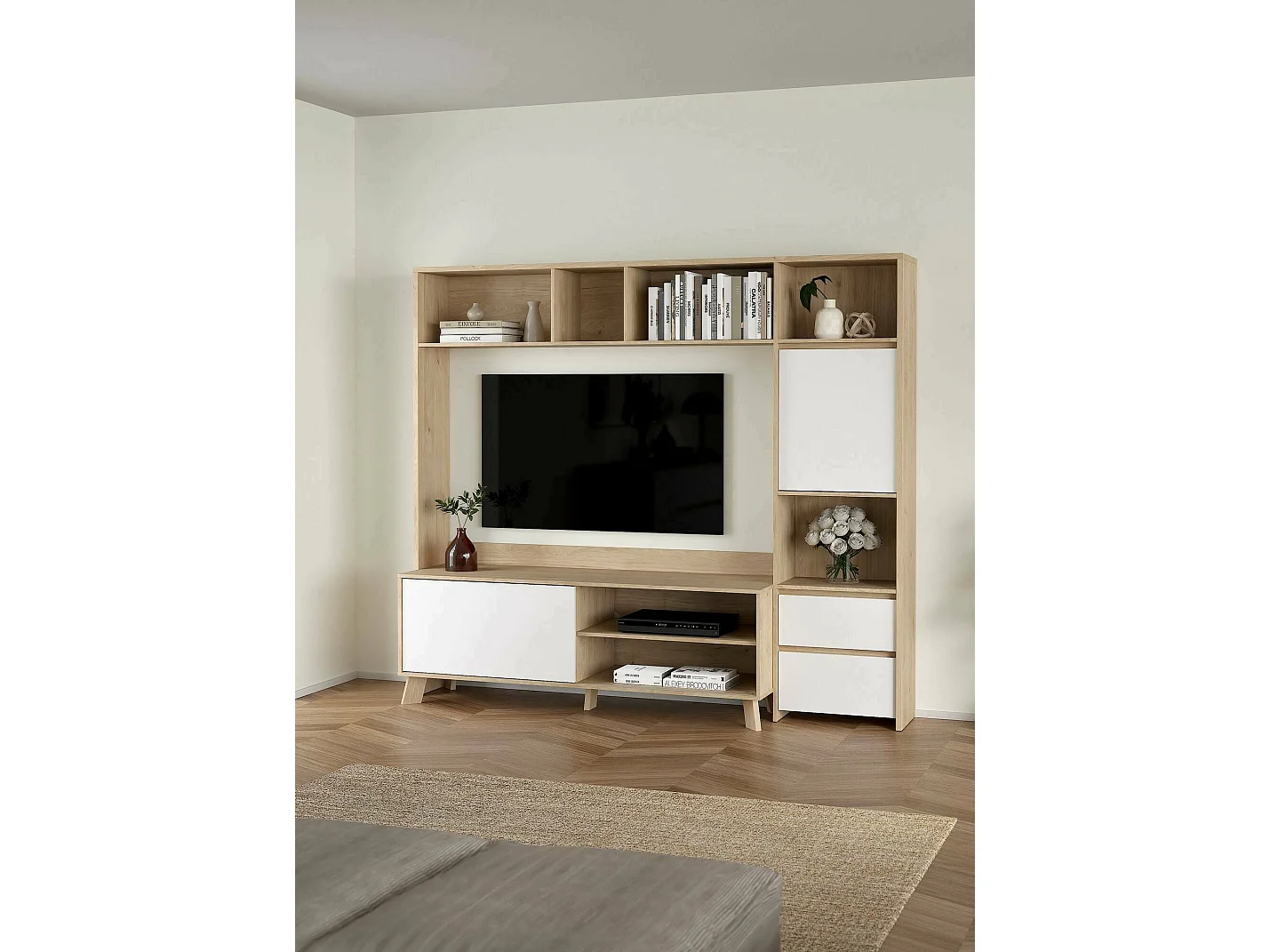 Dtolja TV-meubel, Woonkamerdressoir, Lage tv-kast, Uitgeruste muurbasis, 209x48 h183 cm, Eiken en wit