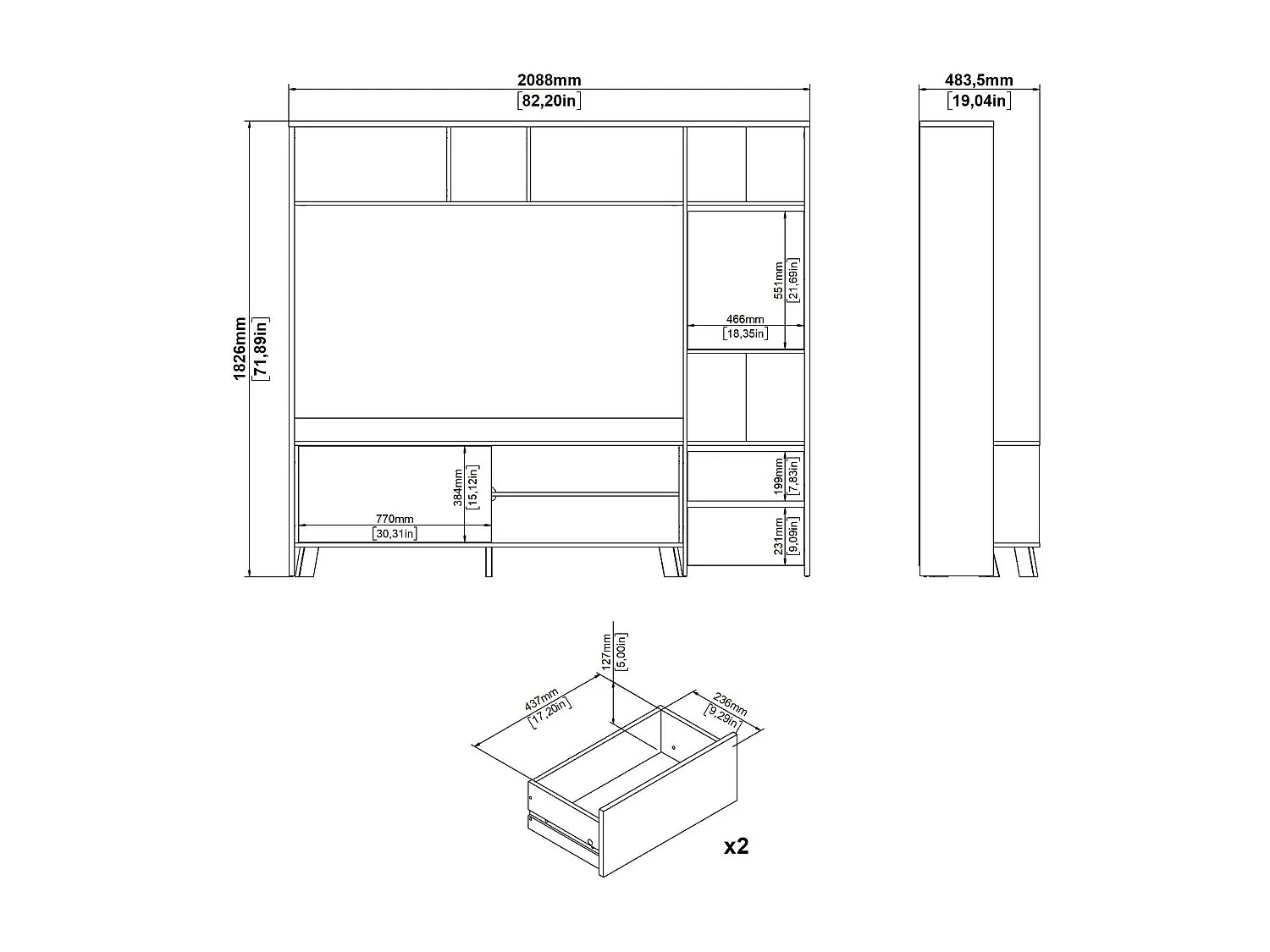 Dtolja TV-meubel, Woonkamerdressoir, Lage tv-kast, Uitgeruste muurbasis, 209x48 h183 cm, Eiken en wit