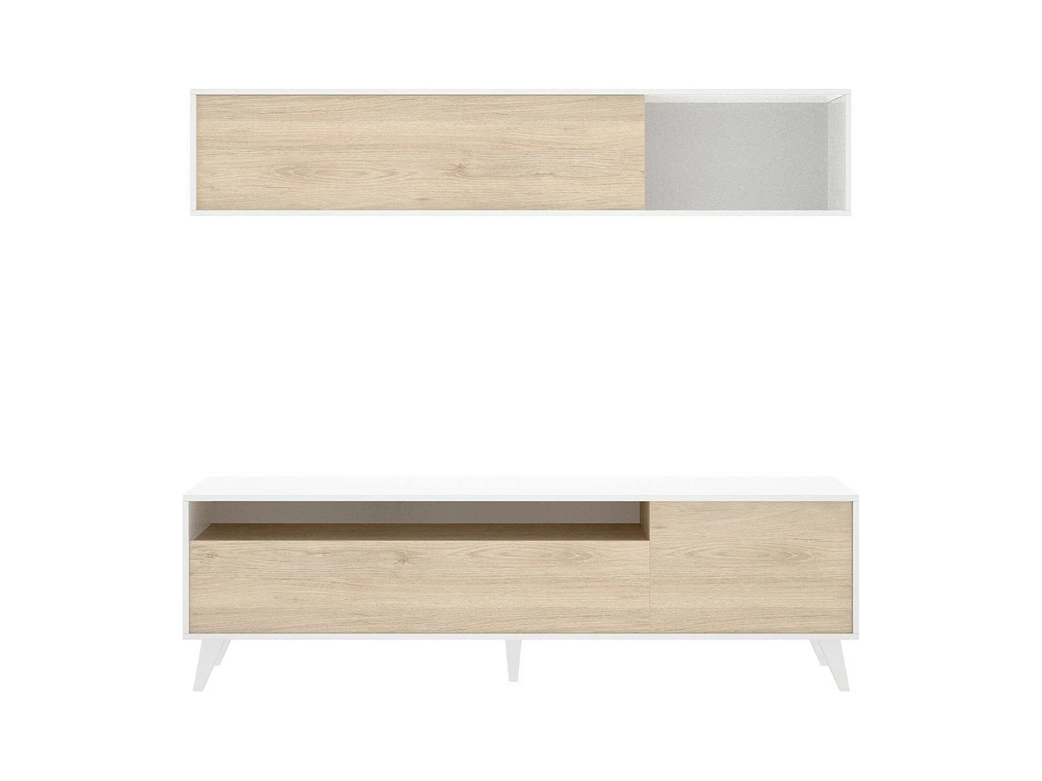 Dmoor wandsysteem, Samenstelling woonkamer, Multifunctioneel woonkamermeubilair, TV-kast, 180x41 h180 cm, Wit en Eiken