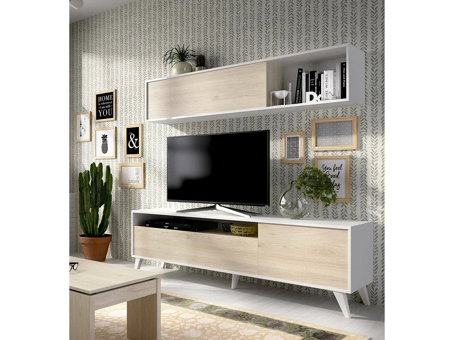 Meuble Mural Dmoor, Composition du salon, Meubles de salon polyvalents, Meuble télé, 180x41 h180 cm, Blanc et Chêne clair