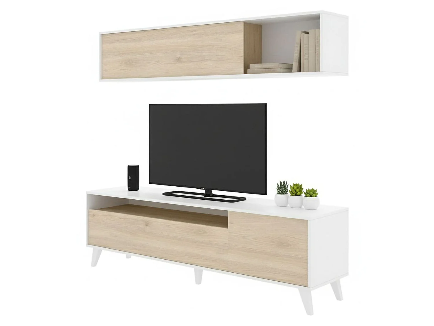 Dmoor wandsysteem, Samenstelling woonkamer, Multifunctioneel woonkamermeubilair, TV-kast, 180x41 h180 cm, Wit en Eiken