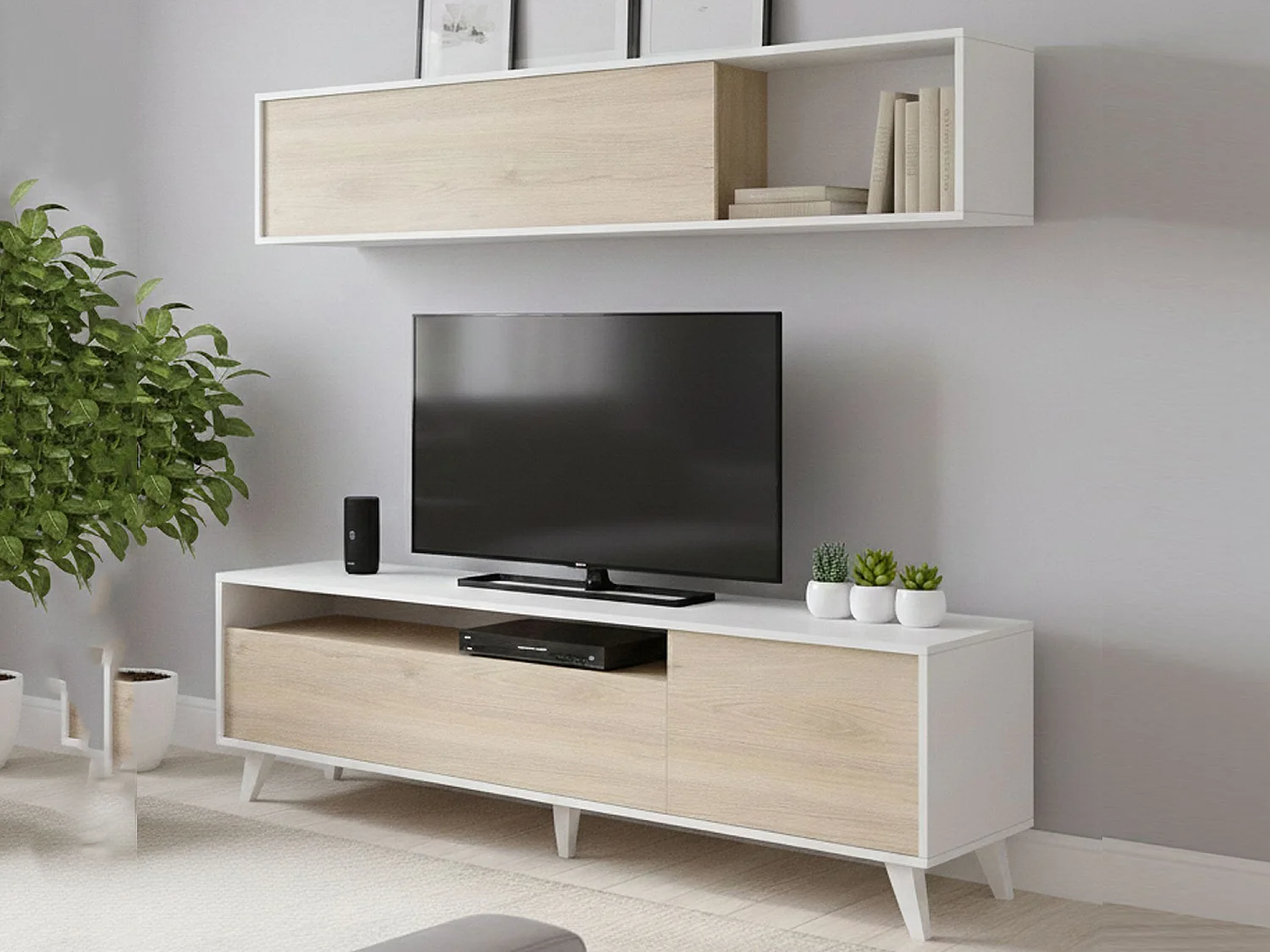 Dmoor wandsysteem, Samenstelling woonkamer, Multifunctioneel woonkamermeubilair, TV-kast, 180x41 h180 cm, Wit en Eiken