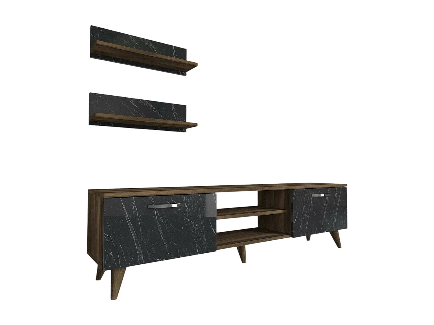 Pared Equipada Dagostinell, Composición de la sala de estar, Muebles de salón multiusos, Gabinete de TV, 150x30 h41 cm, Nogal y Gris