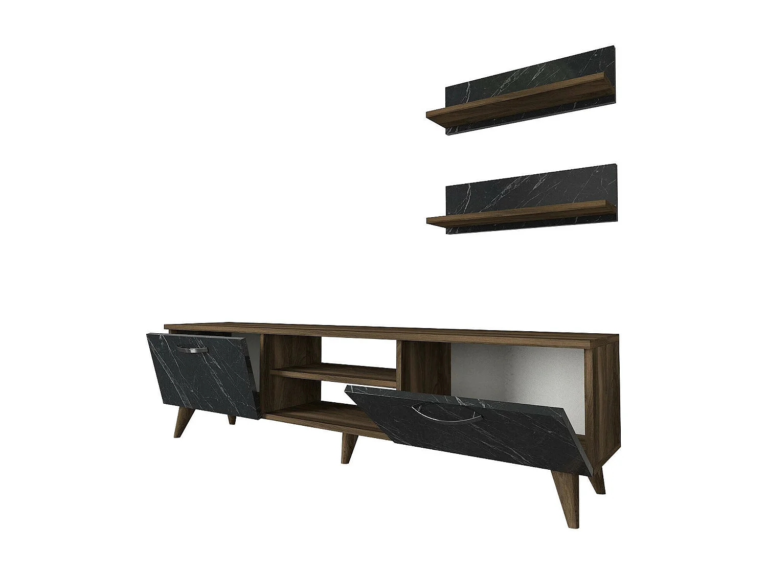 Pared Equipada Dagostinell, Composición de la sala de estar, Muebles de salón multiusos, Gabinete de TV, 150x30 h41 cm, Nogal y Gris