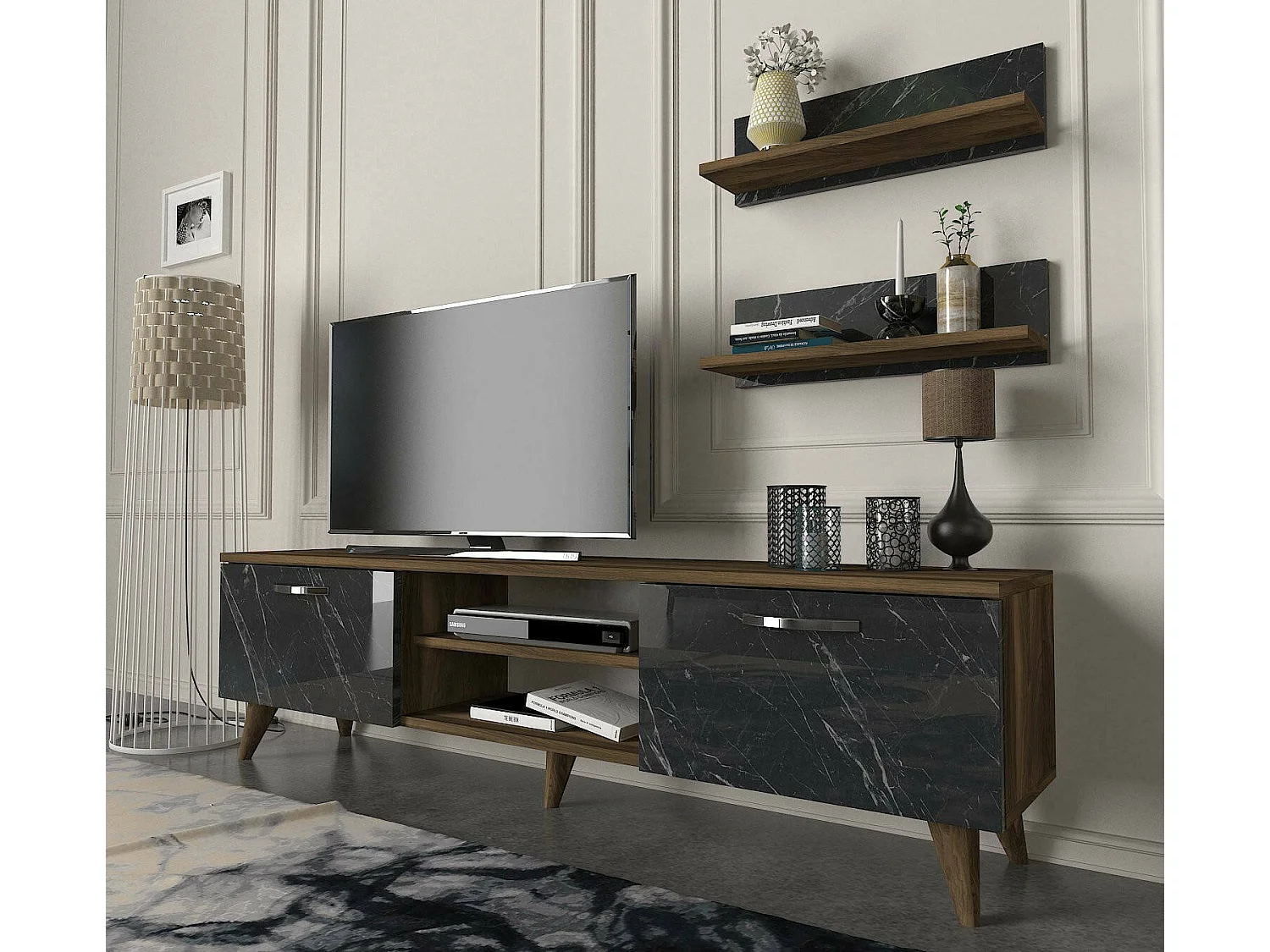 Pared Equipada Dagostinell, Composición de la sala de estar, Muebles de salón multiusos, Gabinete de TV, 150x30 h41 cm, Nogal y Gris