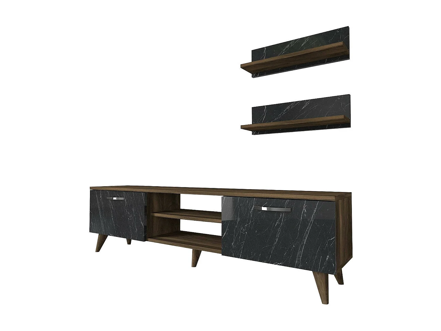 Pared Equipada Dagostinell, Composición de la sala de estar, Muebles de salón multiusos, Gabinete de TV, 150x30 h41 cm, Nogal y Gris