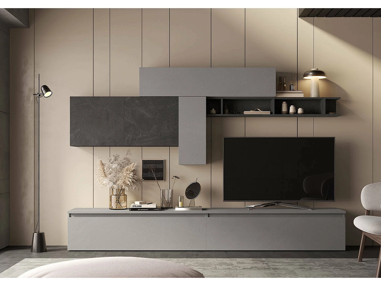 Sistema de parede Dadebay, Composição da sala, Móveis multiusos para sala, Móvel de TV, Fabricado em Itália, 276x40 h180 cm, Ardósia e Cinza escuro