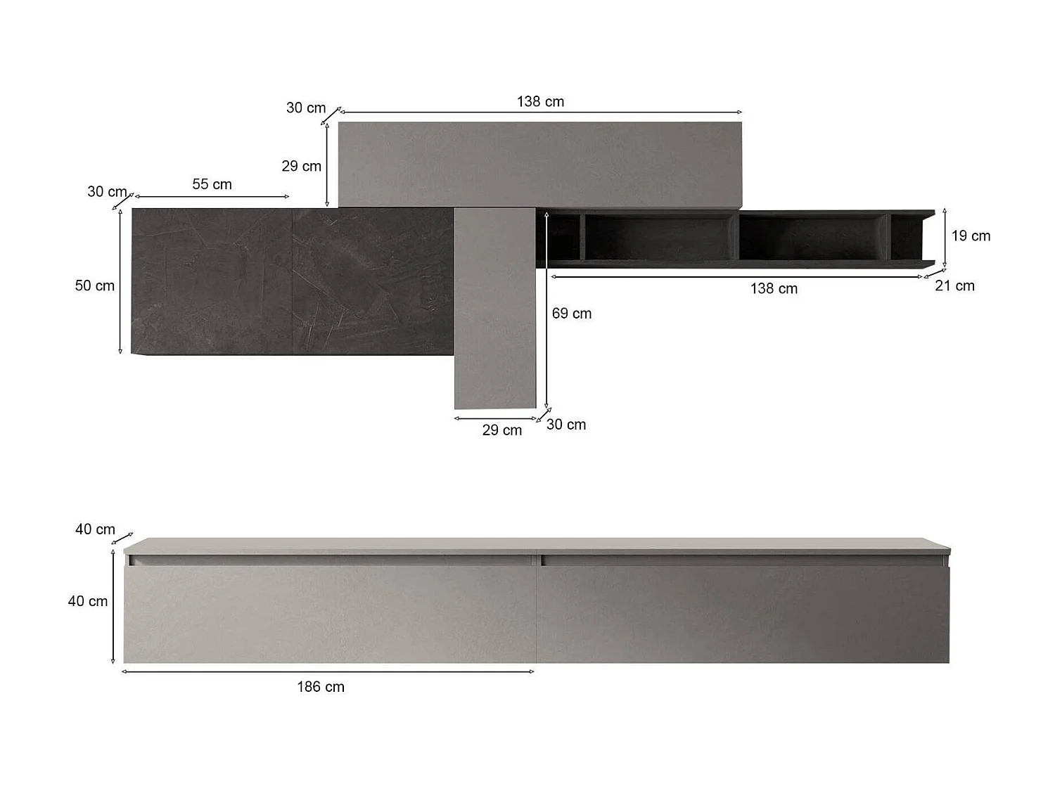 Sistema de parede Dadebay, Composição da sala, Móveis multiusos para sala, Móvel de TV, Fabricado em Itália, 276x40 h180 cm, Ardósia e Cinza escuro