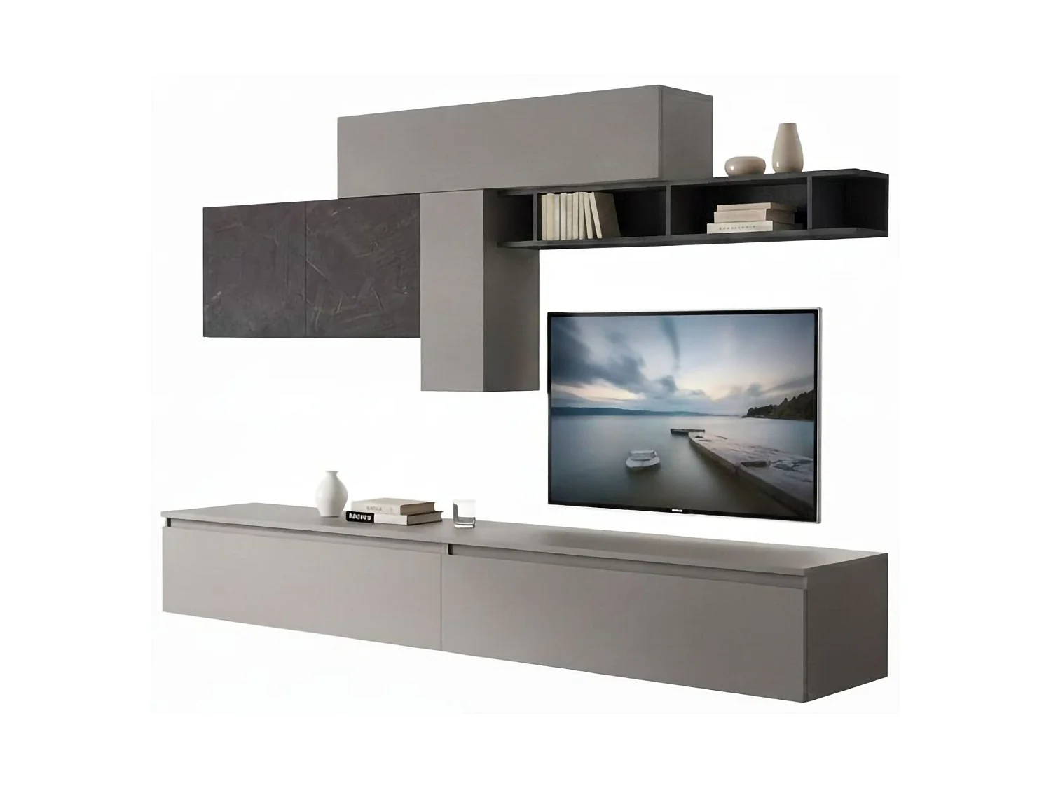 Sistema de parede Dadebay, Composição da sala, Móveis multiusos para sala, Móvel de TV, Fabricado em Itália, 276x40 h180 cm, Ardósia e Cinza escuro
