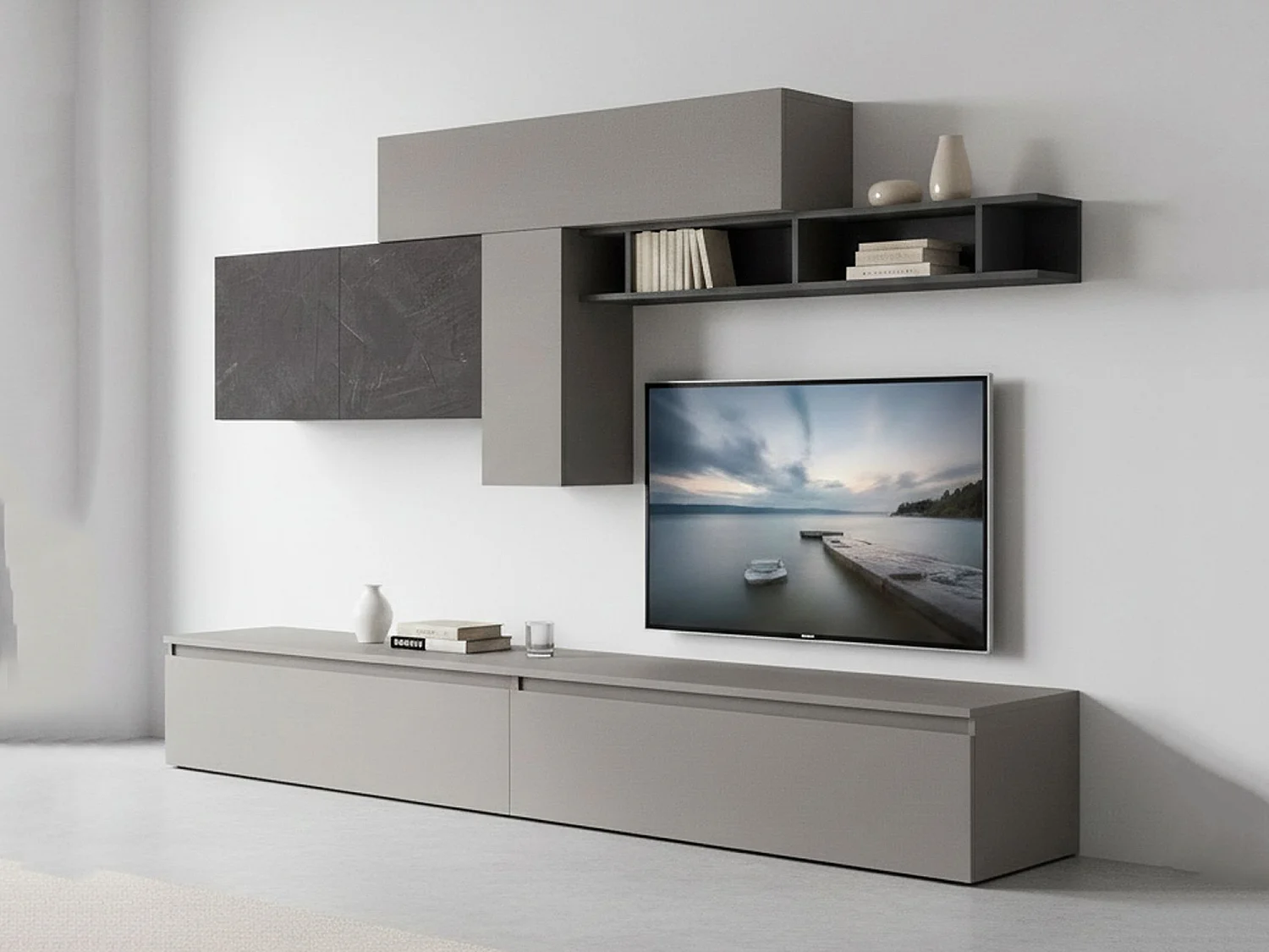 Sistema de parede Dadebay, Composição da sala, Móveis multiusos para sala, Móvel de TV, Fabricado em Itália, 276x40 h180 cm, Ardósia e Cinza escuro