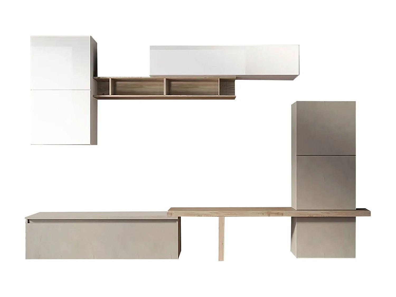 Meuble Mural Dabdell, Composition du salon, Meubles de salon polyvalents, Meuble télé, Made in Italy, 290x40 h195 cm, Blanc brillant et Chêne clair