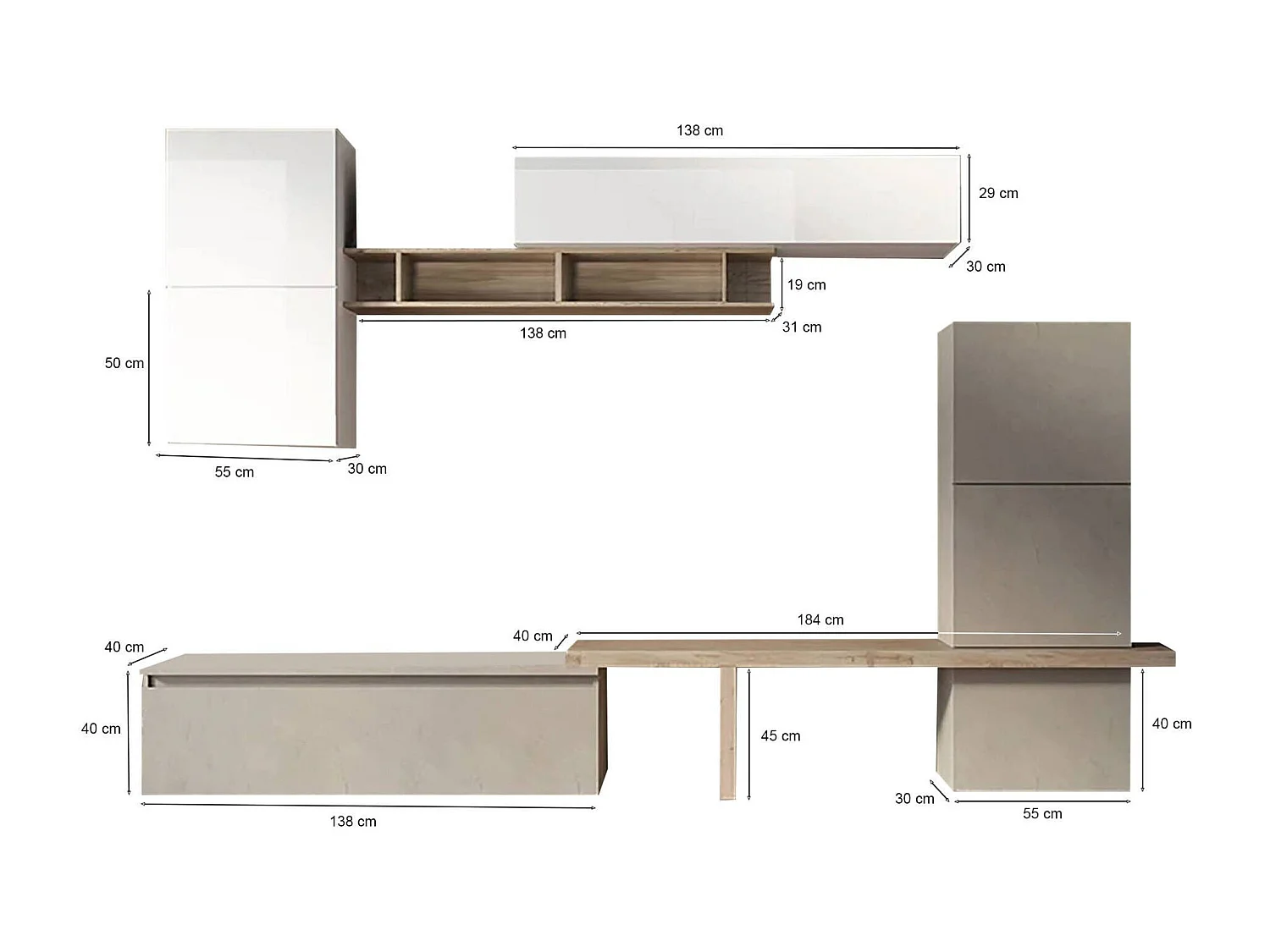 Meuble Mural Dabdell, Composition du salon, Meubles de salon polyvalents, Meuble télé, Made in Italy, 290x40 h195 cm, Blanc brillant et Chêne clair