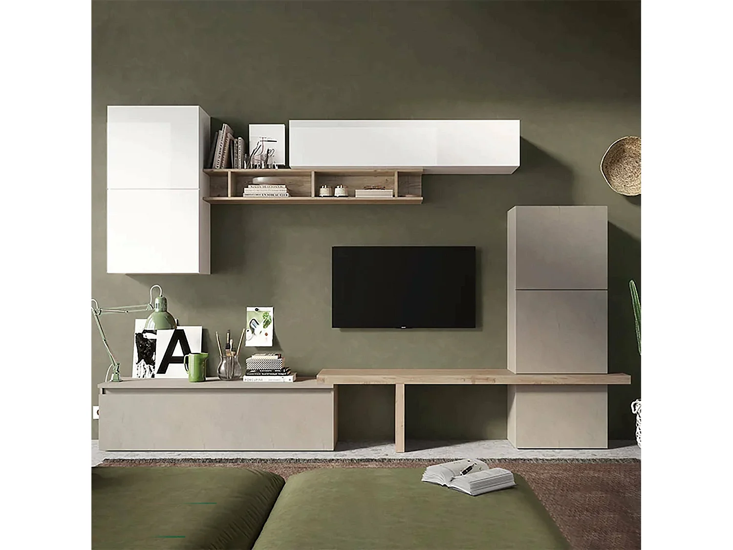 Meuble Mural Dabdell, Composition du salon, Meubles de salon polyvalents, Meuble télé, Made in Italy, 290x40 h195 cm, Blanc brillant et Chêne clair