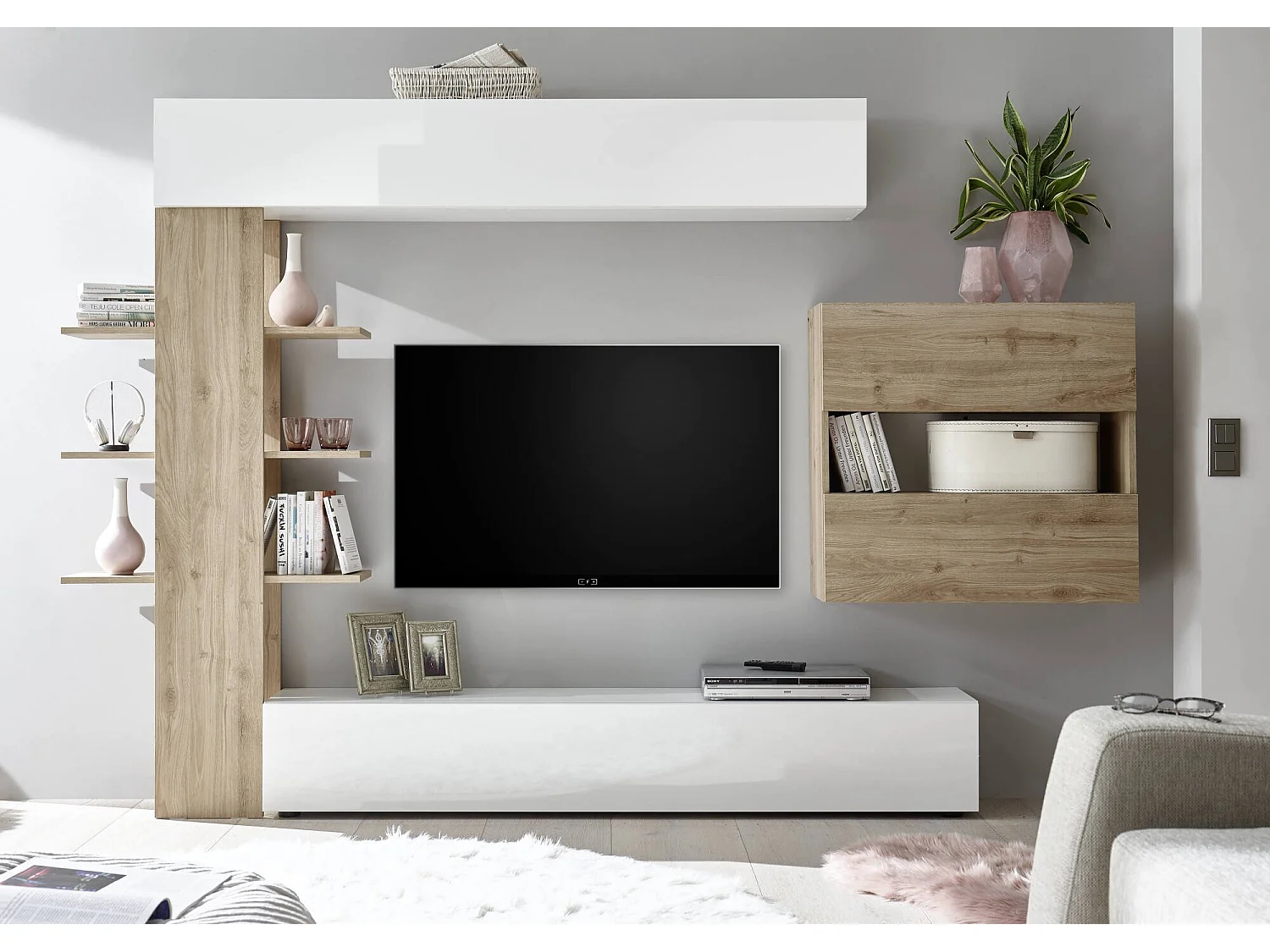 Wohnzimmermöbel Dbogdanovi, Modulares Wohnzimmerset, Mehrzweck-Wohnzimmermöbel, TV-Schrank, Made in Italy, 295x30 h187 cm, Glänzendes WeiÃŸ und Eiche