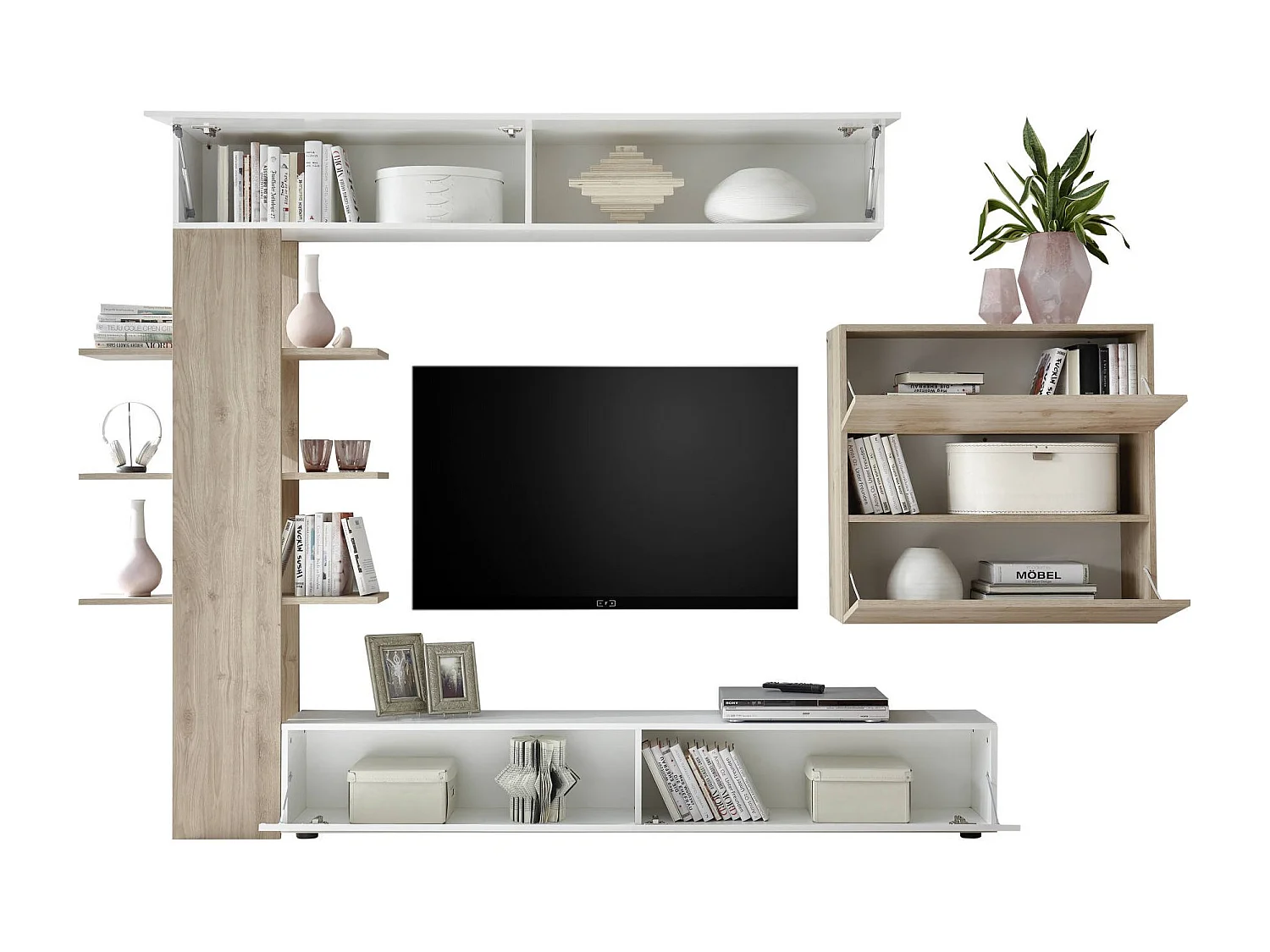 Wohnzimmermöbel Dbogdanovi, Modulares Wohnzimmerset, Mehrzweck-Wohnzimmermöbel, TV-Schrank, Made in Italy, 295x30 h187 cm, Glänzendes WeiÃŸ und Eiche