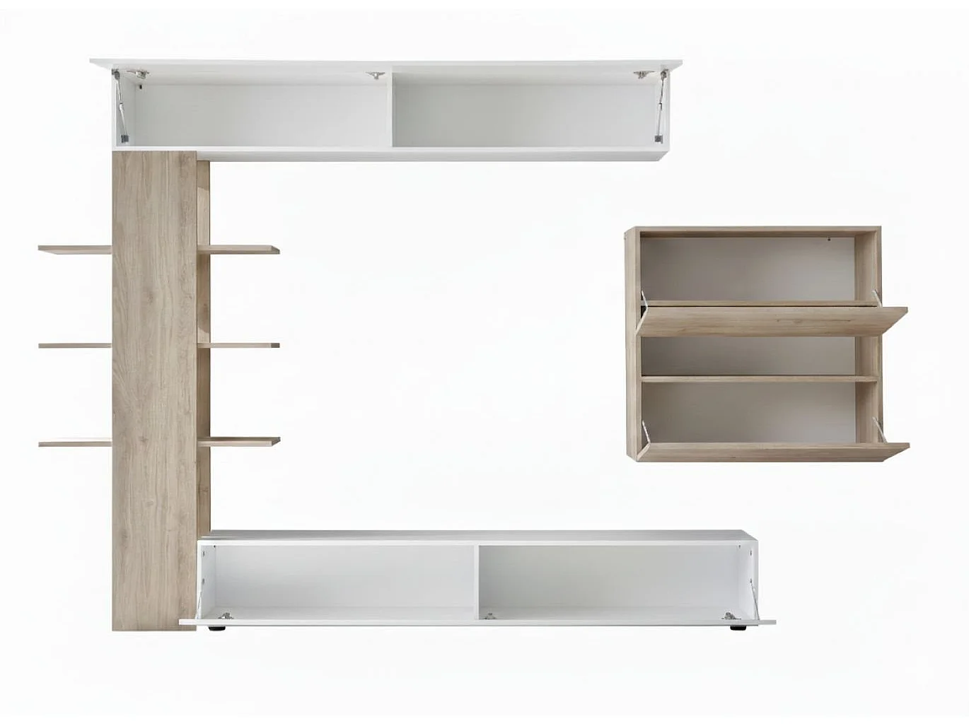 Wohnzimmermöbel Dbogdanovi, Modulares Wohnzimmerset, Mehrzweck-Wohnzimmermöbel, TV-Schrank, Made in Italy, 295x30 h187 cm, Glänzendes WeiÃŸ und Eiche