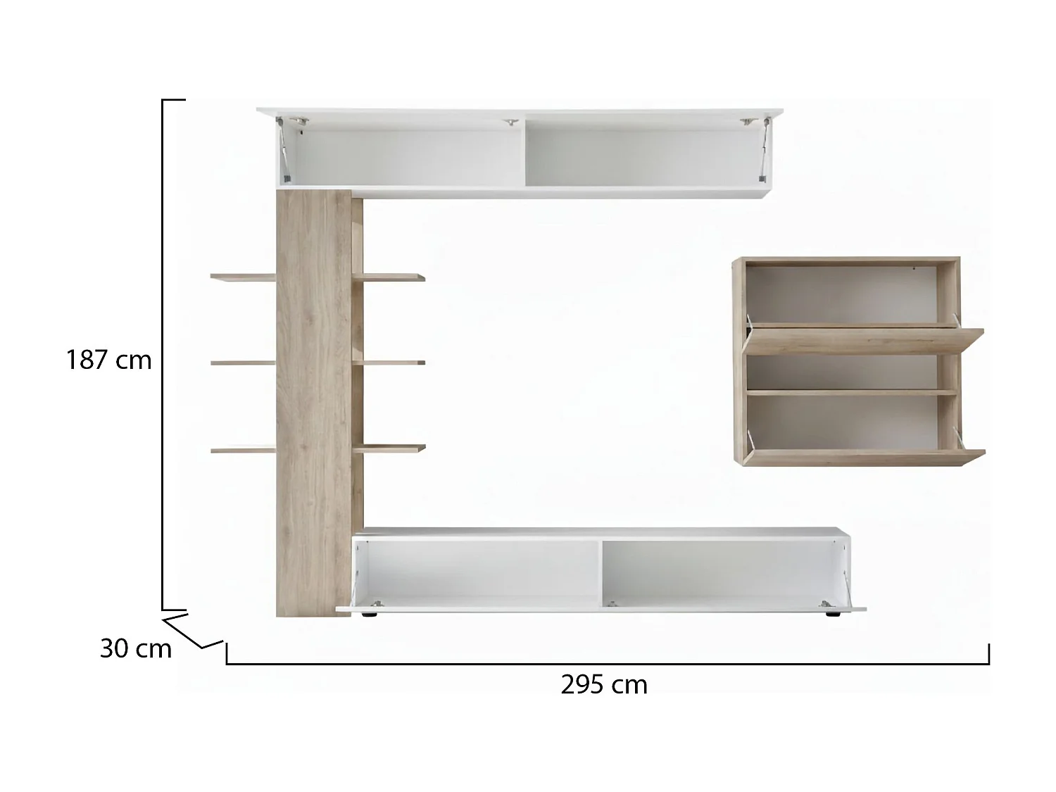Wohnzimmermöbel Dbogdanovi, Modulares Wohnzimmerset, Mehrzweck-Wohnzimmermöbel, TV-Schrank, Made in Italy, 295x30 h187 cm, Glänzendes WeiÃŸ und Eiche