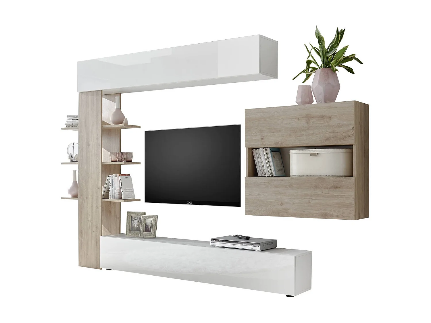 Meuble Mural Dbogdanovi, Composition du salon, Meubles de salon polyvalents, Meuble télé, Made in Italy, 295x30 h187 cm, Blanc brillant et Chêne clair