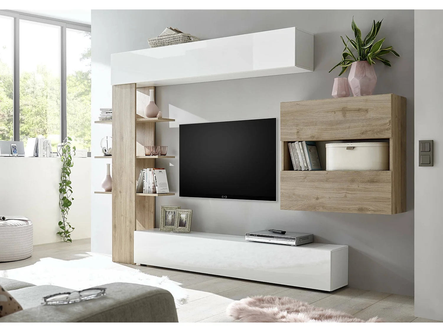 Parete Attrezzata Aragosta, Modulabile Made in Italy, 30x295x187h cm Bianco Lucido